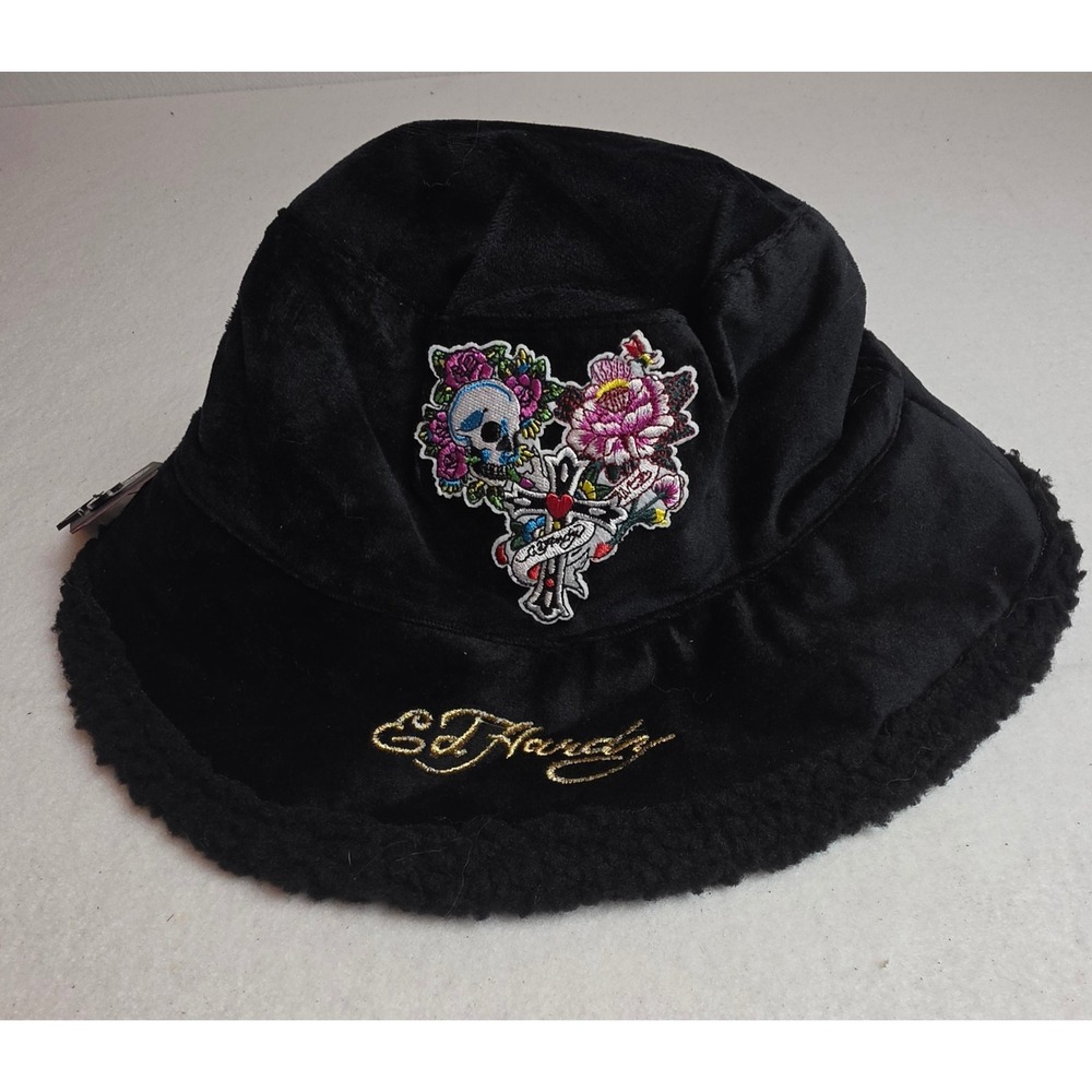 Ed Hardy Black Faux Suede Sherpa Lined Bucket Hat Skull Floral Embroidery NWT